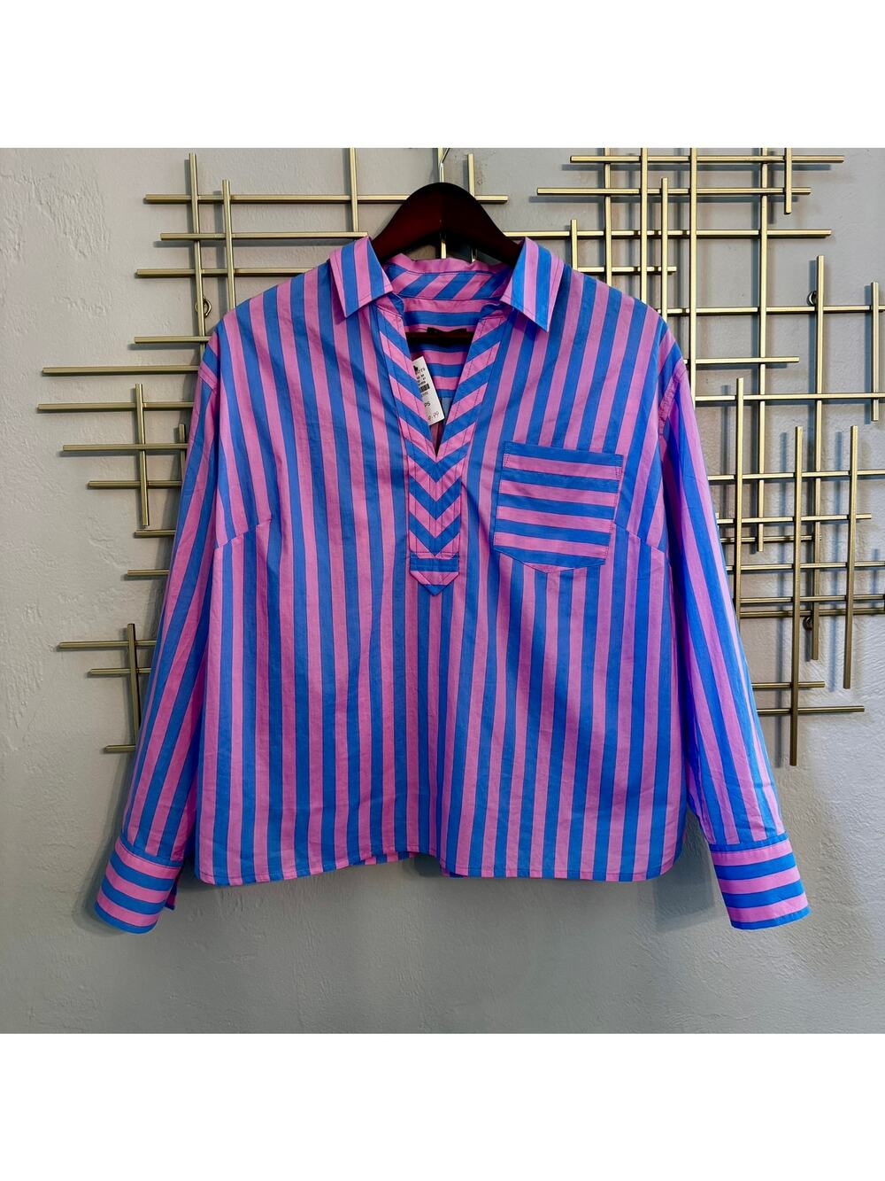 NWT Talbots Petite PS Pink Blue Striped Popover Cotton Top Collared Long Sleeve